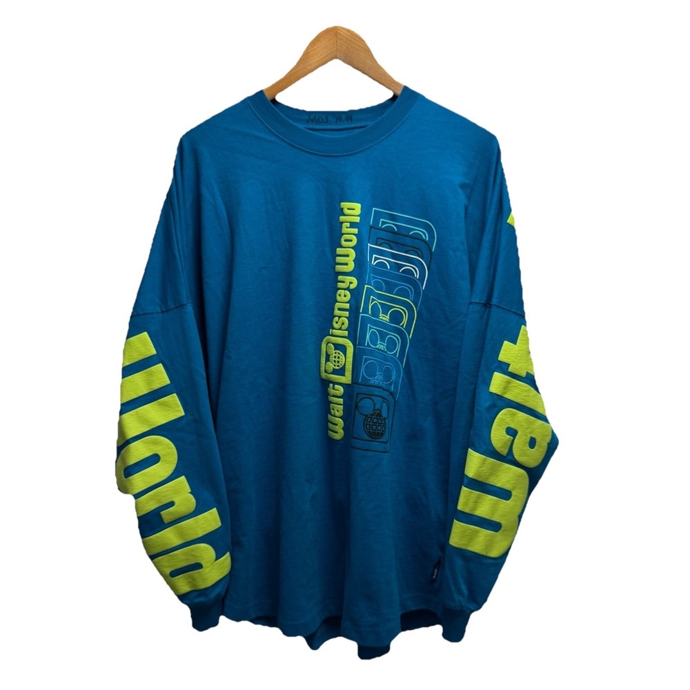 Disney Parks Authentic Adult Medium Teal & Neon Green Puff Paint Spirit Jersey